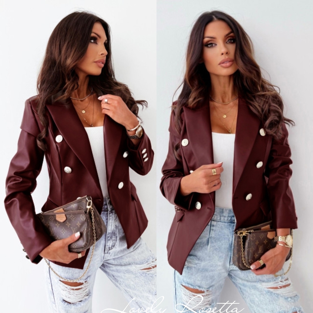 Burgundy Double-Breasted Women's Faux Leather Blazer